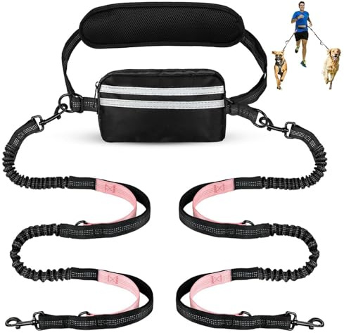 Risipu Freihändige Hundeleine für 2 Hunde, Verstellbarer Hüftgurt mit Tasche und Taillenstütze, absorbierende Bungee-reflektierende Nähte zum Laufen, Walken, Joggen (Rosa)