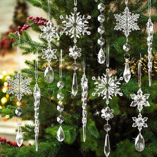 Aupawdy 15 Decoraciones para Árbol de Navidad, Colgantes de Copos de Nieve y Picos de Hielo en Acrílico, Ornamentos Cristalinos para Árbol de Navidad, Ideales para Decoración de Invierno y Hogar
