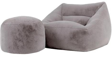 icon Natalia Faux Fur Bean Bag Chair & Foottool with Filling, Grey | Made in the UK, Adult Beanbag, Armchair, Comfy Chair, Soft Plush Fabric, For Lounge or Bedroom