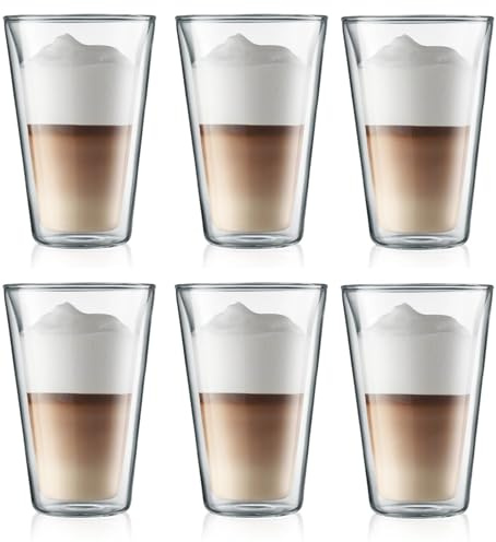 Bodum Double-Walled Latte Macchiato Glass Carafe - Patented Valve - 400 ml - 6 Pieces