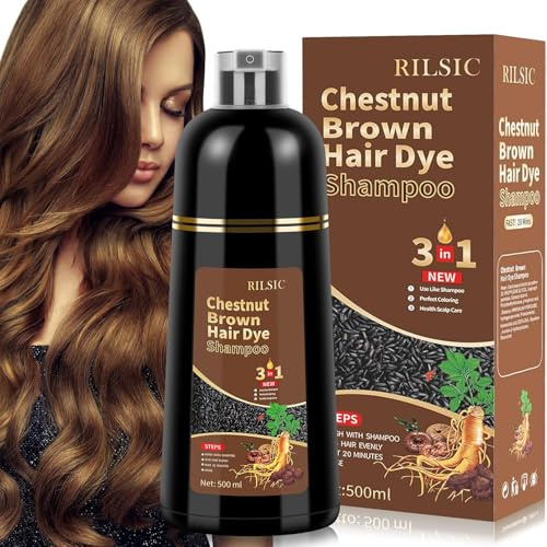 Haarfärbeshampoo Kastanienbraun,500 ml Chestnut Brown Hair Dye Shampoo 3in1,Sofortiges Haarfarbe Shampoo Gegen Graue Haare,Anti Grau Hair Color Haarshampoo,Farbshampoo Tönungsshampoo für Männer Frauen