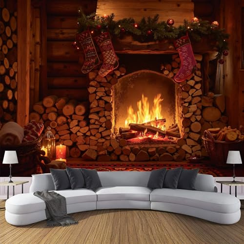 Fototapeten Kaminofen 150x105cm, Winterliches Weihnachtsthema Seidee Seide Tapete, Moderne Wandtapete Dekoration Für Wohnzimmer Schlafzimmer TV-Hintergrund Wanddeko
