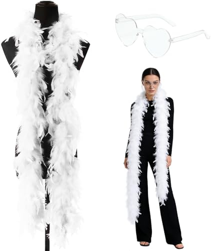 Meanju Federboa, 2M Weiß Feder Boa mit Herzbrille, Flauschige Federboa, Feder Boas Zubehör, Turkey Feather Boas Dekorieren, für Hochzeit Ankleiden Party, Karneval, Halloween, Weihnachten