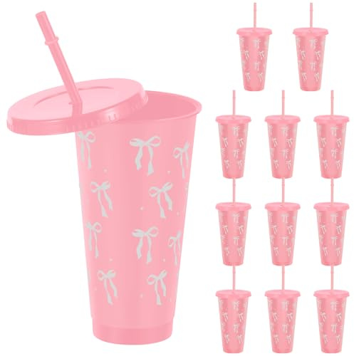 Lot de 12 gobelets en plastique avec couvercle et paille, 710 ml, réutilisables, avec nœud mignon, gobelets en plastique pour fête, anniversaire, mariage, voyage