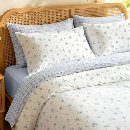 Freyamy Bettwäsche 200x200cm 3teilig Weiß Hellblau Blumen Bettwäsche-Set | Mikrofaser Bettwäsche Blumen Kariert Wendbar Bettwaren-Sets 1 Bettbezug mit Reißverschluss und 2 Kissenbezüge 80x80cm