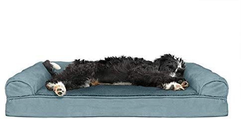 Furhaven Kühlendes Gel-Hundebett für große/mittelgroße Hunde mit abnehmbaren Seitenrollen und waschbarem Bezug, für Hunde bis zu 25 kg, Plüsch- und Wildledersofa, Blau (Deep Pool), Größe L