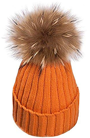 xwanli Damen Strick-Mütze Warm Mütze Echtfellbommel Pudelmütze Winter-Mütze Bommelmütze Pelzbommel Waschbär Raccoon Pelz Weihnachten Geschenk