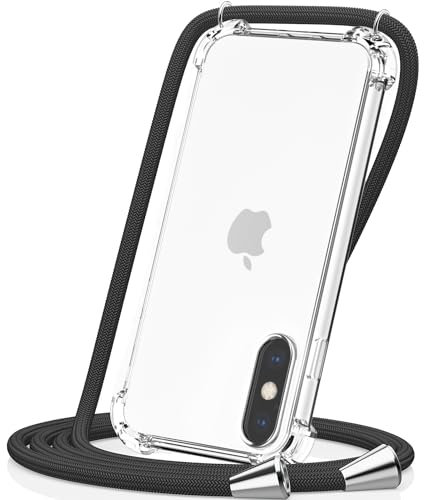 CAROKI Crossbody Case for Apple iPhoneX,for iPhone XS,Necklace Mobile Phone Cover with Cord Strap for iPhoneX/XS,Clear Transparent Cover Holder with Neck Cord Lanyard Strap-Black