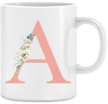 Gift Hub Personalised Floral Mug Letter A to Z Letter Alphabet 11oz Ceramic Coffee/Tea Cup Printed Glitter, NOT Real Glitter