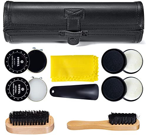YUET Kit de Cirage et d'entretien 9 Pièces, Noir Nettoyage de Chaussures en Cuir avec Cire Marron et Brosse de Polissage, Chiffon à Lustrer, Chausse-pied, Brosse à cheveux,étui en Cuir PU