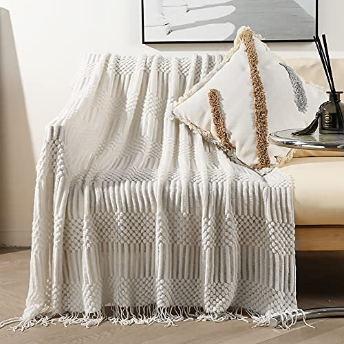 LumiSyne Gestrickte Decke Mit Quaste Einfarbig Blasenmuster Kuscheldecke Strickdecke Tagesdecke Überwurf Couchdecke Dekorative Decke Für Sofa Bett 230x130cm