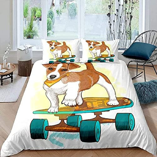 Bettwäsche 220x240 Skateboard, Winter Weiche Mikrofaser 3D Jack-Russel-Terrier Bettbezug Set, Bettzeug mit 2 Kissenbezug 80x80 cm, Bettwäsche Set Für Kinder Erwachsene