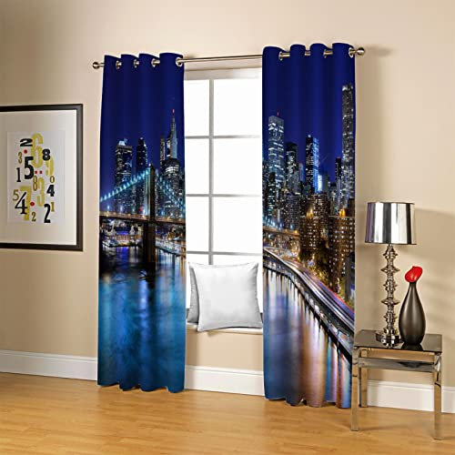 TFLABS Fenster Vorhang Schlaufen-Vorhang 2 Stück x 140 B x 245cm H New York City & Brücke Dekorative Gardine Schlaufenschal Fenster-Schal