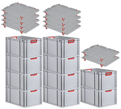 PROREGAL SuperSparSet 10x Eurobox NextGen Color mit Auflagedeckel & Schiebeschnappverschlüsse, HxBxT 32x40x60cm, 65L, Griffe rot offen, Verstärkter Boden, Eurobehälter Transportbox Transportbehälter