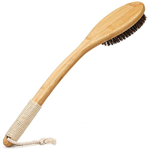 eaxun Brosse de douche en bambou avec long manche incurvé, brosse exfoliante pour le dos avec poils naturels pour homme et femme, exfoliant pour le dos pour le bain ou le brossage à sec