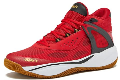AND1 Turnaround Herren Basketballschuhe, Indoor- oder Outdoor-Basketball-Sneaker für Herren, Straße oder Platz, Größen 40-44, Rot/Schwarz, 13.5 Women/12 Men