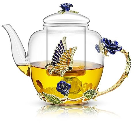 Enamel Glass Teapot with Rose, Butterfly and Gold Trim, Blue Rose Teapot with Infuser and Lid, Gifts for Mom, Women, Mother's Day, Birthday, Christmas