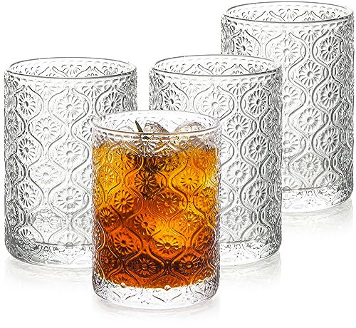 POLIDREAM Juego de 4 vasos de cristal en relieve vintage | Cristalería Art Deco 4 vasos cortos DOF | Ideal para whisky, cerveza, jugo, agua | perfecto para el hogar, bares, fiestas