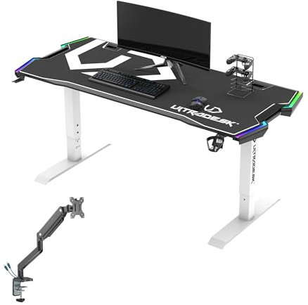ULTRADESK Computertisch Force + Branch Single Monitorarm - Komplette Set für Gamer - Gaming Tisch mit Höhenverstellung, XXL-Mauspad, Stahlgestell - Computerständer für bis 32' Monitore - Weiß