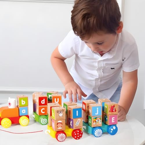 RLS Wooden colourful pull along alphabet block train Toy