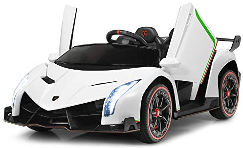 COSTWAY 12V Electric Ride on Car, 2-Seater Licensed Lamborghini Racing Cars with Remote Control, Swing Mode, LED Lights, Horn, USB/MP3/TF, 4 Suspension Wheels Vehicle for Kids (White)