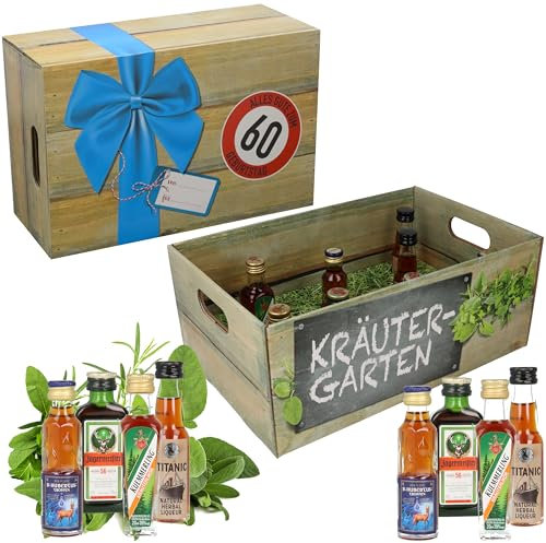 Kräutergarten mit Geburtstagszahl 60. Geburtstag · Witzige Geschenkidee für Männer und Frauen mit Alkohol · 8 x Kräuter-Likör · Hochwertige Geschenkbox · Geburtstagsgeschenk für Männer 60