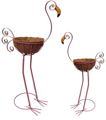 COOZZYHOUR Lot de 2 pots de fleurs flamants roses en métal avec panier – Jardinières d'oiseaux pour intérieur et extérieur pelouse, cour, porche, terrasse, décoration de jardin