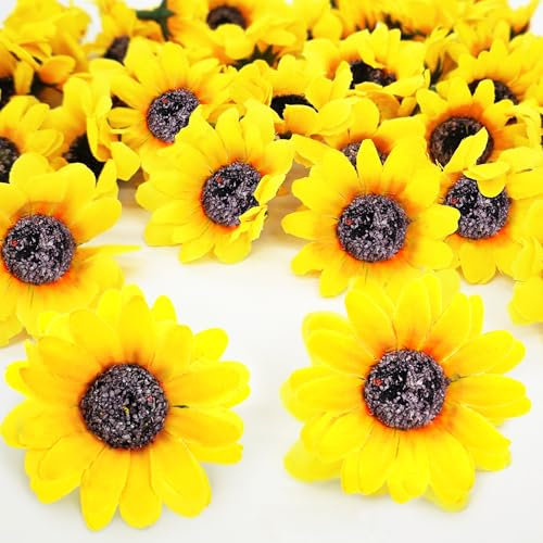 ROLLWAY 150 Stück Künstliche Sonnenblumen Köpfe 4.5cm, Sonnenblumen Deko Blumen Kunstblumen Blumenköpfe Sunflowers Seidenblumen Gelb Blumendeko für Hochzeit Garten Party Tischdeko Fotografie Handwerk