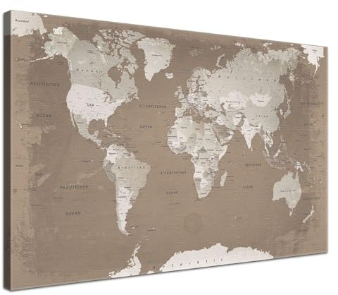 LANA KK Stilvolle Pinnwand Weltkarte - Hazel - Deutsch in 100 x 70 cm, stabile Rückwand zum Pinnen inkl. Starterkit - Leinwand-Kunstdruck Wandbild Landkarte XXL