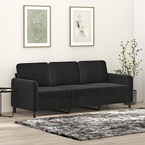 Willood 3-Sitzer Sofa, Loungesofa Couch mit Armlehnen Rückenkissen, Wohnzimmersofa Designsofa Metallgestell, Sitzmöbel Dreisitzer Schwarz 180 cm Samt