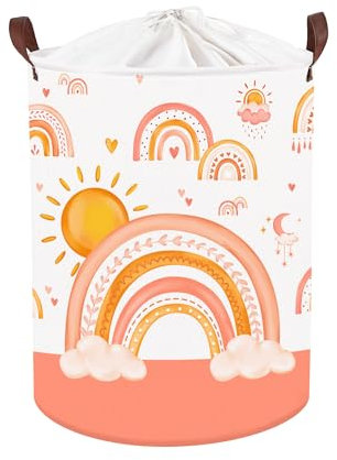Clastyle 45L Boho Regenbogen Wolke Junge Mädchen Wäschekorb Sonne Mond Orange Rund Spielzeug Kleidung Aufbewahrungskorb für Kinderzimmer, 36x45 cm