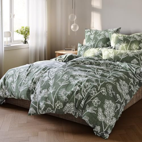 Pure Label Blumen Bettwäsche 4teilig 135x200 cm mit einem 2er Set Kissenbezüge 80x80 cm - Traumhaft weiches Bettwäsche-Sets 135 x 200 cm in grün aus 100% Baumwolle mit YKK Reißverschluss