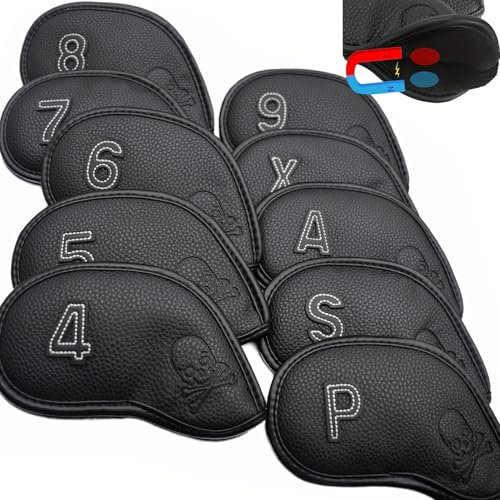 GOLUCKPAY Premium Magnetic Leather Iron and Wedge Golf Club Head Covers | Set of 10| Fits Most Clubs | Embroidered Club Label on Both Sides of Club Head Cover