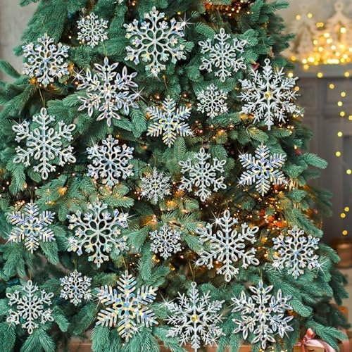 49 ornamenti natalizi a forma di fiocco di neve, decorazioni natalizie iridescenti glitterate da appendere, fiocchi di neve per inverno, albero di Natale, parete, soffitto, finestra