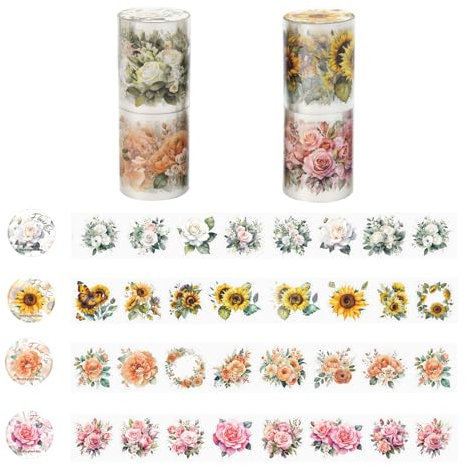 Syrvnto 4 Rotoli Washi Tape Set Fiori Piante PET Nastro Washi Adesivo Trasparente Scrapbooking Deko Washi Stickers per Scrapbooking Creativo,Album,Bullet Journals e Decorazione DIY