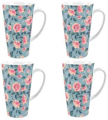 Floral Latte Mugs Set - Pink Flowers & Leaves Tall Latte Mugs Set of 4 - Ceramic Coffee Gift/Present
