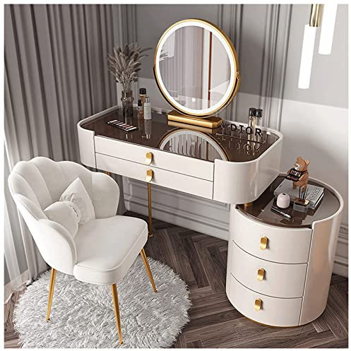 KHYTEBV Grand Bureau avec Plateau en Verre, Ensemble de Coiffeuse avec Chaise de Maquillage et Armoire latérale, Coiffeuse avec 3 tiroirs et Miroir LED