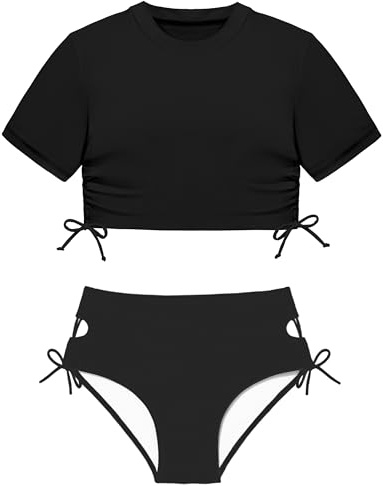 CRISONE Girls Swimsuits Short Sleeve Solid Color 2 Piece Drawstring Bikini Set with Padding Size 7-14 Years, black, 11-12 Years