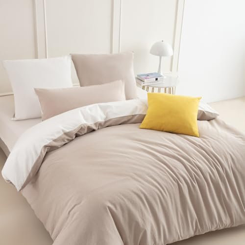 Nesture Bettwäsche 200x200 Baumwolle Beige/Weiß - Bettwäsche-Sets 3teilig Weich, 100% Gewaschene Baumwoll, Enthält 1 Bettbezug 200 x 200cm und 2 Kissenbezug 80x80 mit Reißverschluss