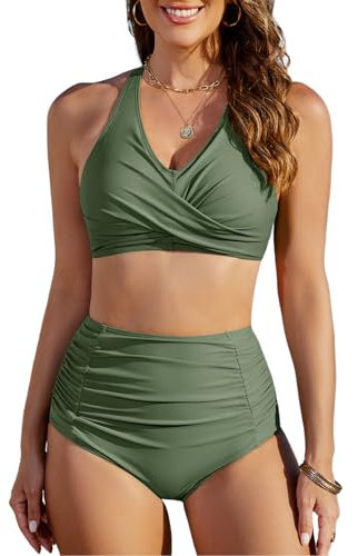 Vijamiy Maillot de Bain Femme 2 Pieces Taille Haute Ventre Plat Bikini Sexy Col en V Push Up Rembourré Floraux Tops Bandeau Swimsuit Grande Taille Piscine Beachwear(Vert,L)