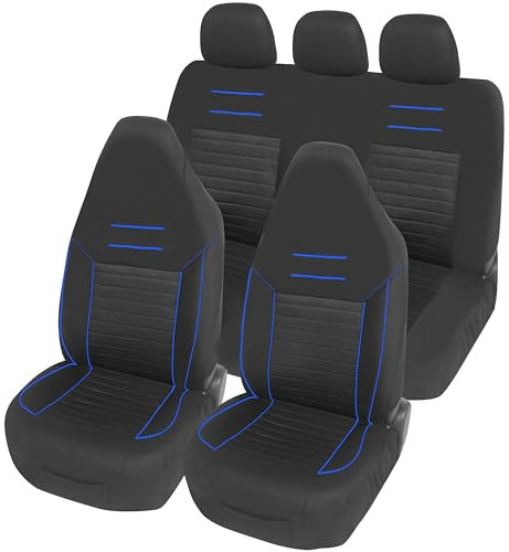 Upgrade4cars Autositzbezüge Set für Pilotensitze | Autositzbezug Komplettset in Schwarz mit blauen Streifen | Autoschonbezüge Universal mit integrierter Kopfstütze | Autozubehör Innenraum Deko