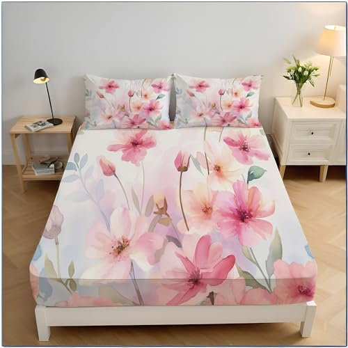 Pastell Wildblumen Bettlaken Set Bis 30 cm Spannbettlaken 90X200Cm Für Kinder Aquarell Ästhetik Design Spannbetttuch Mikrofaser Kein Flaches Blatt Schlafzimmer Dekor 3St