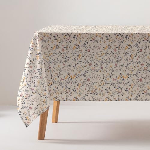 GAMUSI Tischdecke, schmutzabweisend, Baumwolle, Blumenmuster, rechteckig, 160 x 200 cm, Beige
