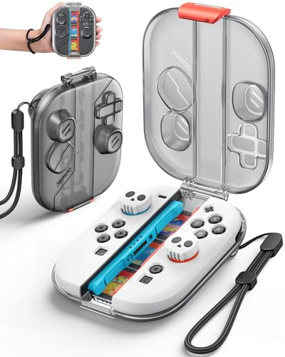 JEMDO Joy Con Hard Shell Case for Switch 2 with 2 Joystick Caps – Compact Grip Storage Box with 3 Game Card Slots, Fits with Cover, Shockproof Travel Protective Organizer, Black