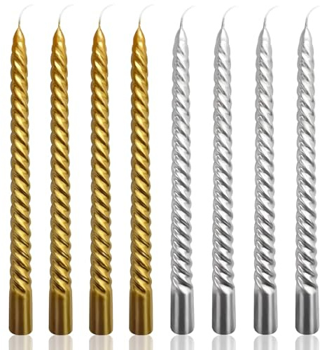 VIKY® 8 Stück Tropffreie Spitzkerzen 25 cm Lang - 4x Gold Kerzen & 4x Silber Kerzen - Gedrehte Stabkerzen für Weihnachtsdekoration, Festliche Tischdeko, Kerze Aesthetic Geruchlos