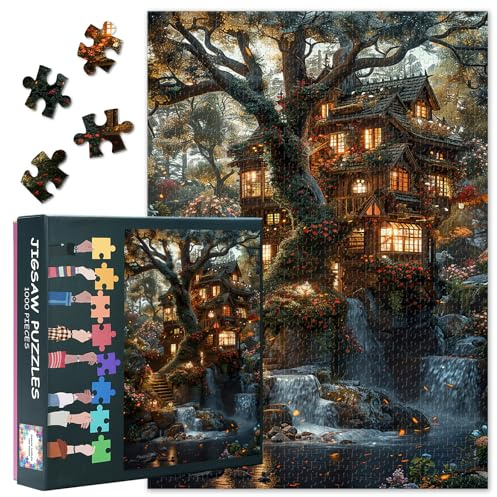 Baumhaus – 1000-teiliges Puzzle für Erwachsene, magisches Baumhaus am Wasserfall, Puzzle-Fans – Naturlandschaft, Wohnaccessoire, Geschenk für Männer und Frauen, Puzzles 20x27inch