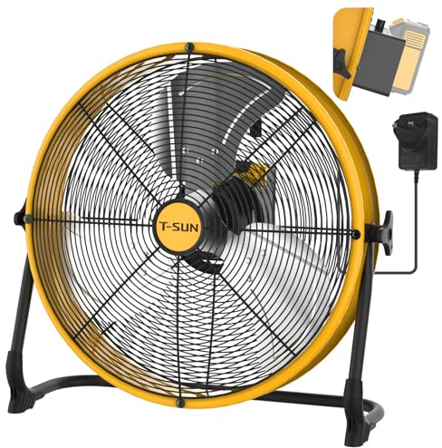 T-SUN Cordless Floor Fan, Low Noise, 16 Industrial Fan Battery Fan Compatiable with dewalt 18v Battery, Rechargeable Floor Fan Metal Fan for GYM, Jobsite, Garage, Floods Restoration, Warehouse.