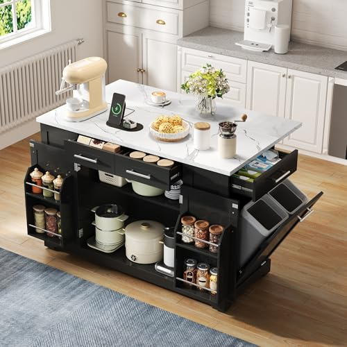 Goldicoo Isla de cocina con tapa abatible, 138 cm, color negro con aspecto de mármol, MDF, con enchufe europeo, estantes ajustables, ruedas silenciosas