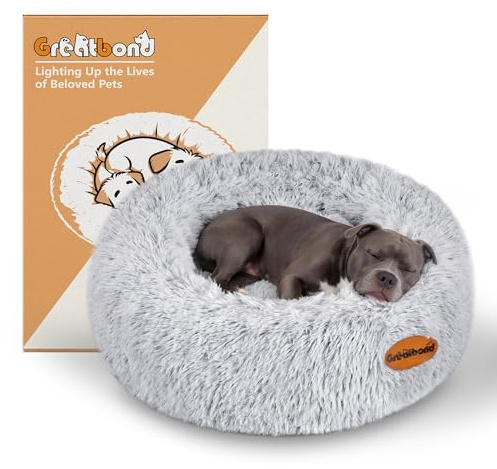 Greatbond Orthopädisches Hundebett Rund,Abnehmbar,Formstabil Füllwatte,80CM | Donuthundebett,Waschbares Hundekissen,Rutschfest UND Sturzsicher,Für Mittelgroße Hunde,Langer Plüsch,Rundes Haustierbett,Grau
