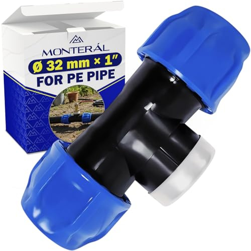 Raccordo a T Ø 32 mm x 1″ a Gomito 90° con Filetto Femmina Rinforzata | con Anello in Acciaio Zincato in Polipropilene PP per il Collegamento di Tubo Polietilene PE - MONTERAL